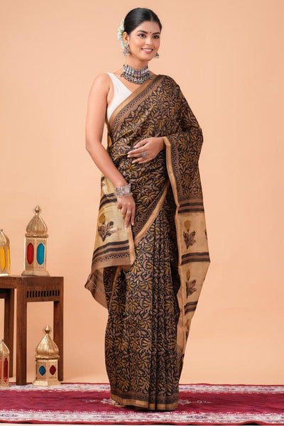 Chanderi Silk Bagru Print Saree with Zari Border ( CS2310 )