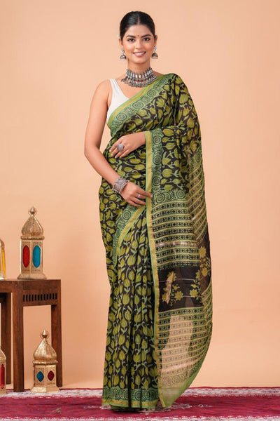 Chanderi Silk Bagru Print Saree with Zari Border ( CS2301 )