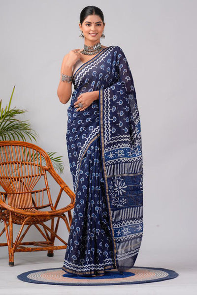 Indigo Chanderi Silk Bagru Print Saree with Zari Border ( CS2313 )