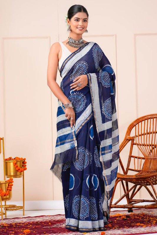 Chanderi Silk Bagru Print Saree with Zari Border ( CS2314 )