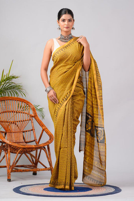 Chanderi Silk Bagru Print Saree with Zari Border ( CS2317 )