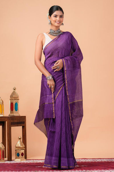 Chanderi Silk Bagru Print Saree with Zari Border ( CS2312 )