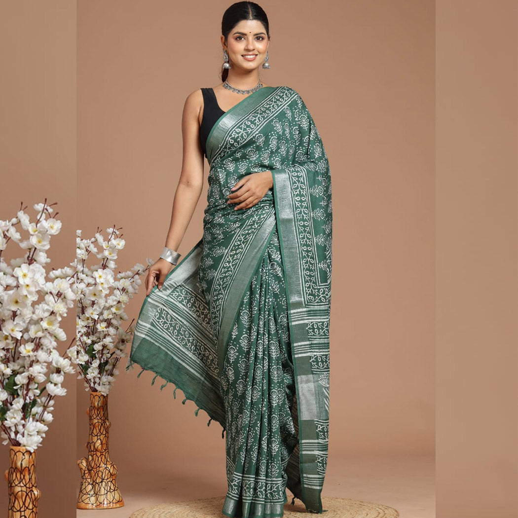 Hand Block Printed Cotton Linen Saree With Blouse( LS1502 )