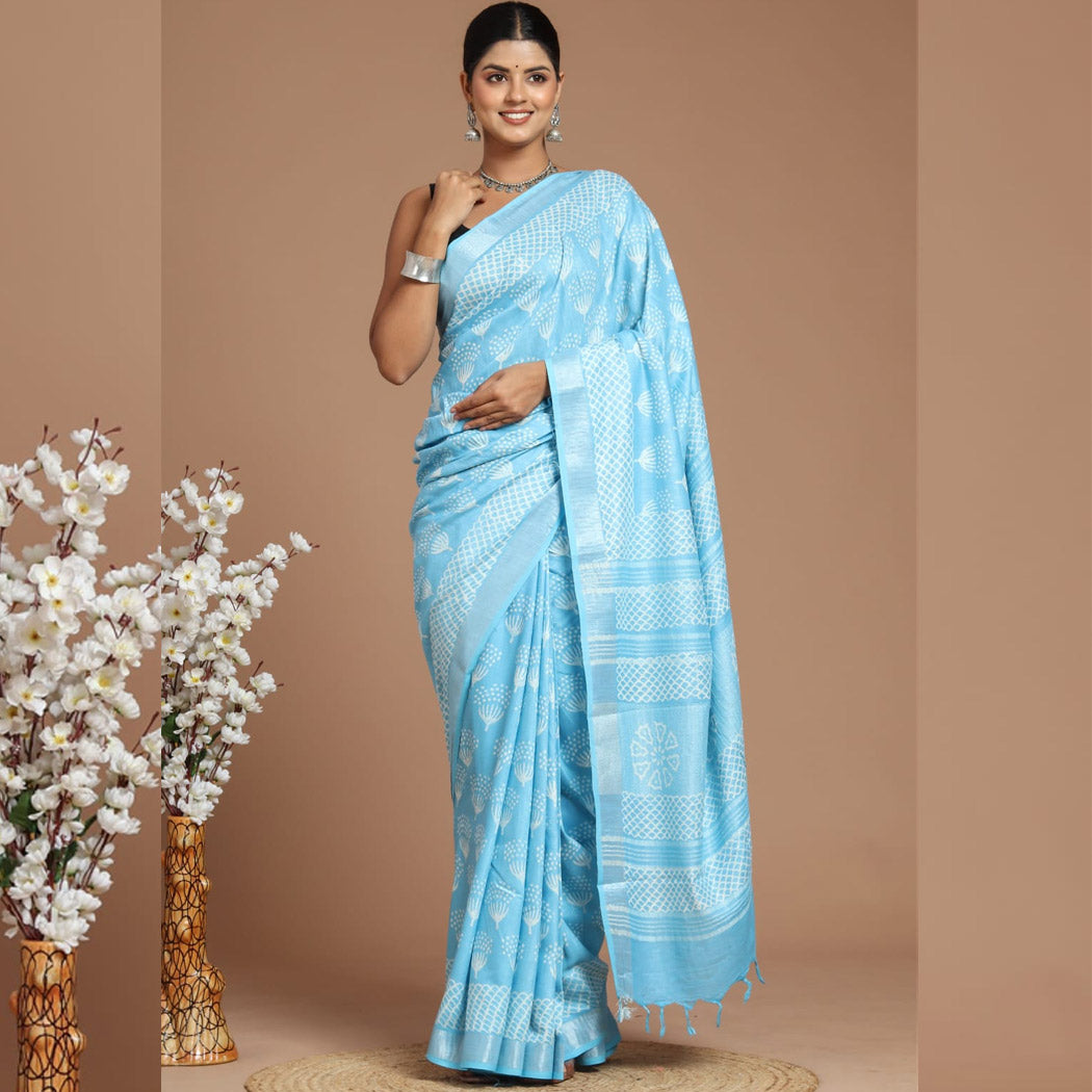 Hand Block Printed Cotton Linen Saree With Blouse ( LS1503 )