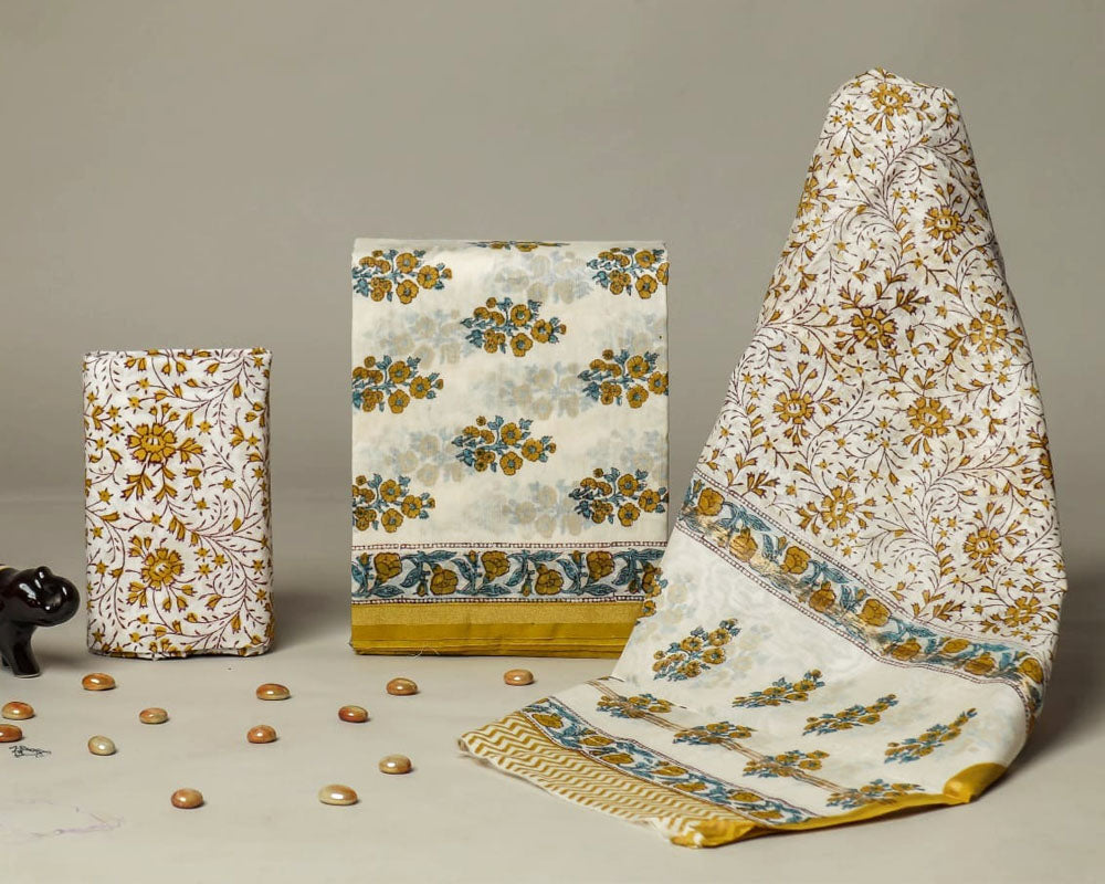 Exclusive Hand Block Print Chanderi Silk Suit Set ( CN180607 )