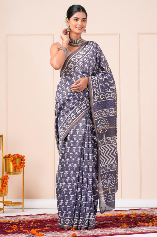 Chanderi Silk Bagru Print Saree with Zari Border ( CS2319 )