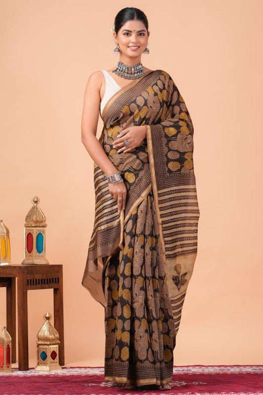 Chanderi Silk Bagru Print Saree with Zari Border ( CS2320 )