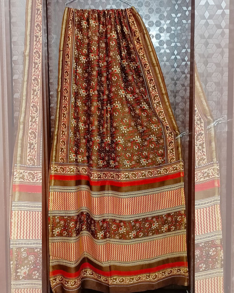 Chanderi Silk Bagru Print Saree with Zari Border ( CS100105 )