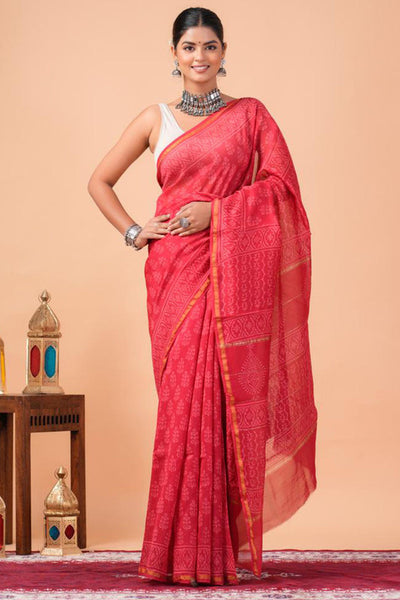 Chanderi Silk Bagru Print Saree with Zari Border ( CS2321 )