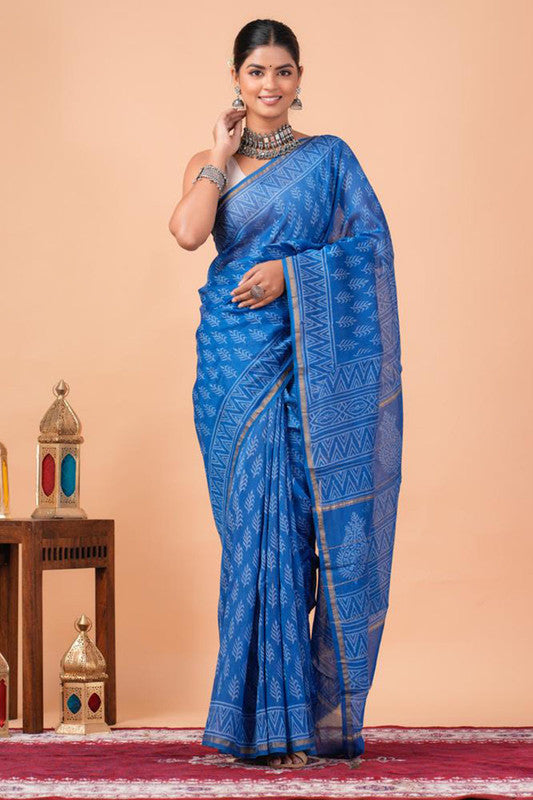 Chanderi Silk Bagru Print Saree with Zari Border ( CS2322 )