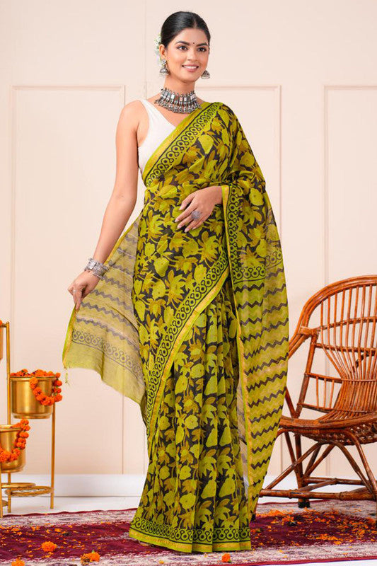 Chanderi Silk Bagru Print Saree with Zari Border ( CS2324 )