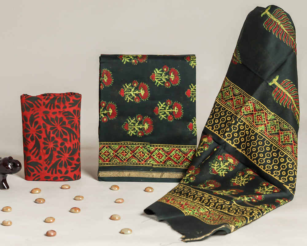 Exclusive Hand Block Print Chanderi Silk Suit Set ( CN200414)
