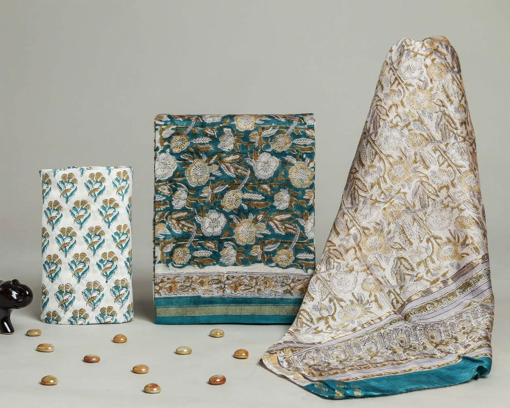 Exclusive Hand Block Print Chanderi Silk Suit Set ( CN13320 )