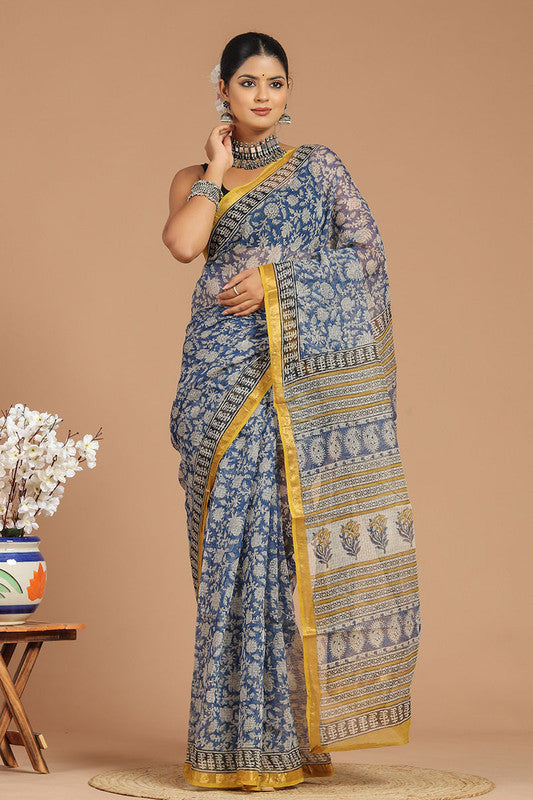 Premium Indigo Kota Doria Saree ( KT1417 )