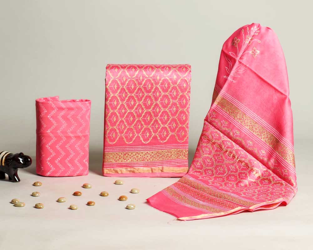 Exclusive Hand Block Print Chanderi Silk Suit Set ( CN3103 )