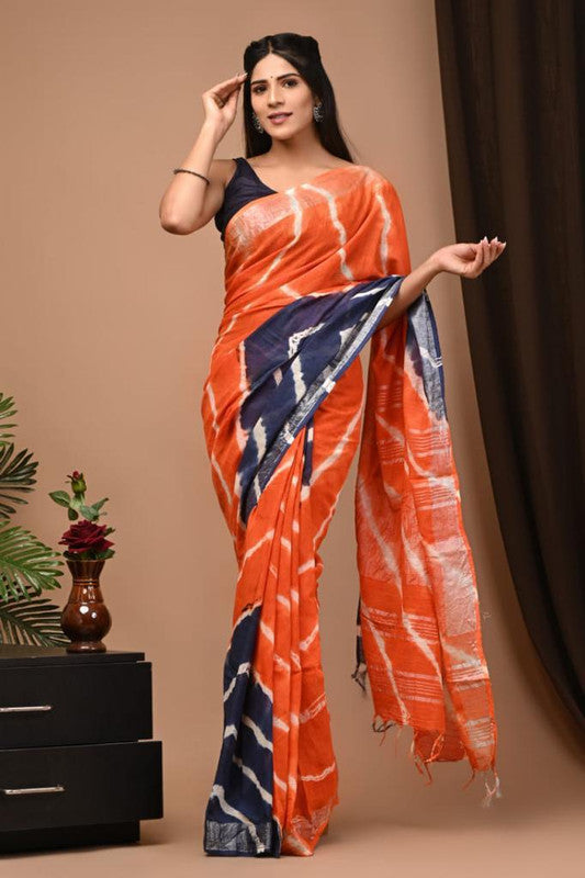 Hand Block Printed Cotton Linen Saree With Blouse ( LS1714 )