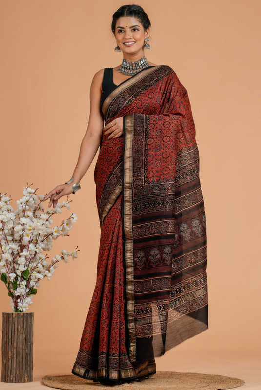 Maheshwari Silk Bagru Print Saree  ( AMS0903 )