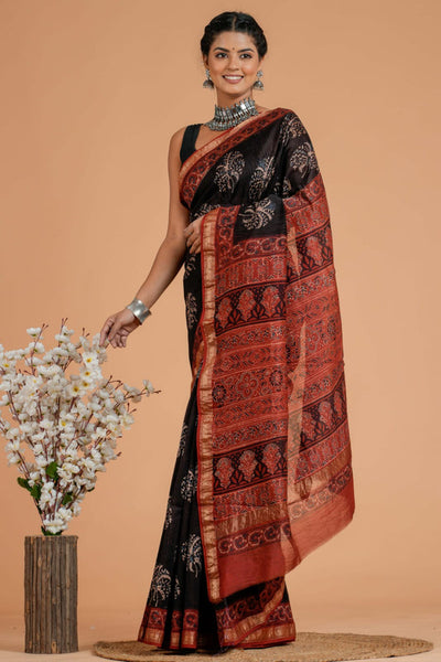 Maheshwari Silk Bagru Print Saree  ( AMS0907 )