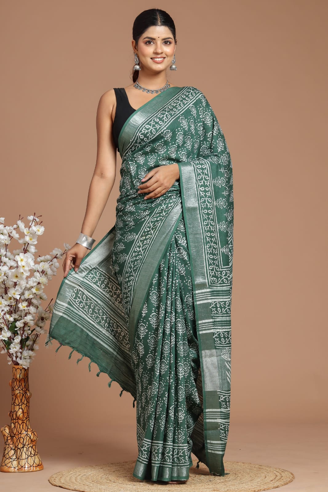 Hand Block Printed Cotton Linen Saree With Blouse( LS1502 )