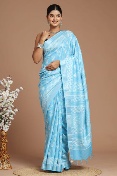 Hand Block Printed Cotton Linen Saree With Blouse ( LS1503 )